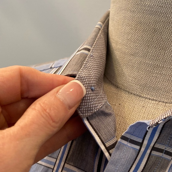 Bugatchi Mens Blue Gray Plaid w Gray Cuffs & Inside Collar / Size S / Fitted - Picture 3 of 13